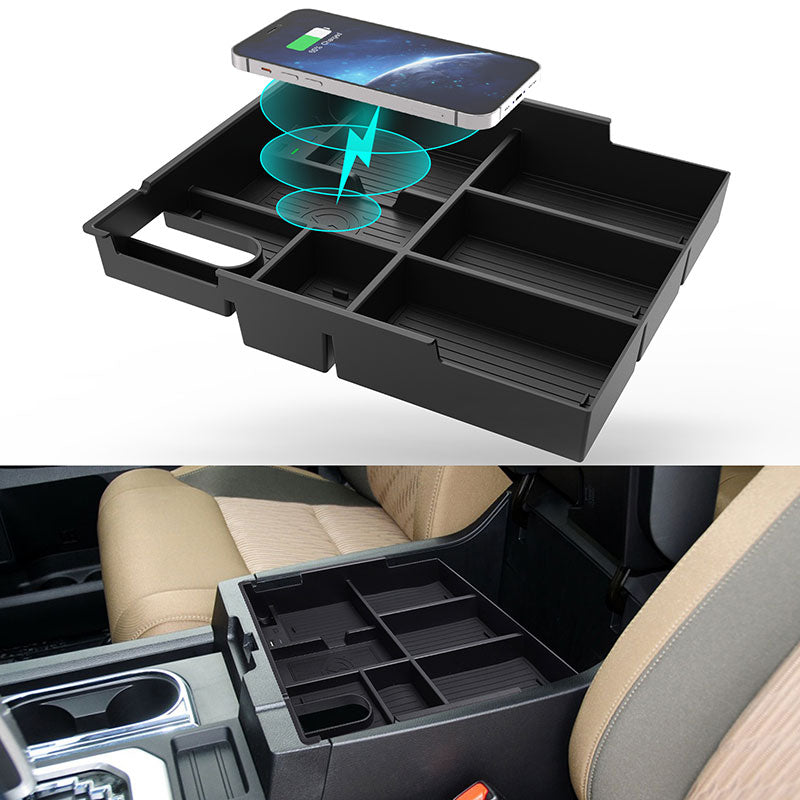 CarQiWireless Wireless Charger Center Console Organizer Tray for Toyota Tundra 2014-2019 2020 2021,  Insert Full Size Tray With Wireless Charging Pad for Toyota Tundra Accessories, Storage Box for Tundra